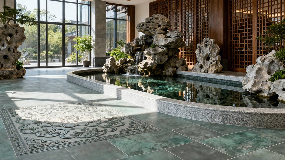 茶楼前厅地面复古砖铺贴效果