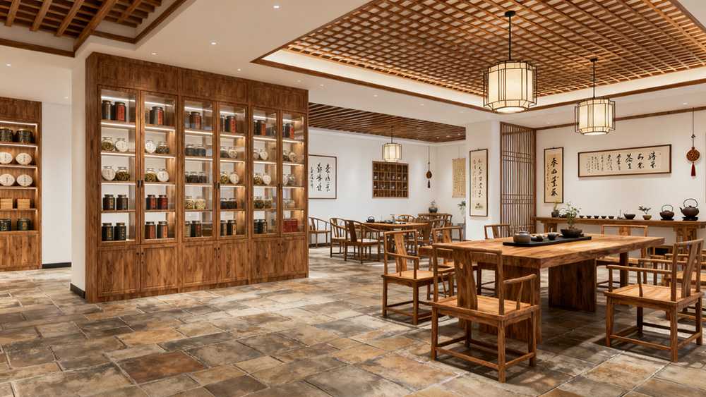 茶叶展示柜和文化墙